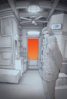 1boy 7nite absurdres aotsuki_eito arms_behind_back bed blood blue_eyes ceiling_fan ceiling_light closed_mouth drawstring feet_out_of_frame glasses grey_hair hands_in_pockets hanging_light high_collar highres indoors industrial_pipe jacket light_bulb limited_palette long_sleeves looking_at_viewer male_focus mirror open_door orange_sky pants pocket screen short_hair sink sky smile solo spot_color standing table the_hundred_line_-last_defense_academy- tile_floor tiles trash_can white_jacket white_pants zipper