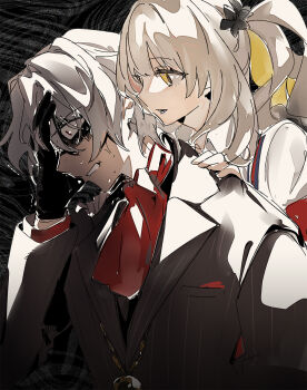 Rule 34 | 1boy, 1girl, agata720, antonio salieri (fate), antonio salieri (second ascension) (fate), behind another, black gloves, blonde hair, fate/grand order, fate (series), formal clothes, gloves, hair between eyes, hand on own face, hands on another's shoulders, highres, jewelry, long hair, long sleeves, looking at another, looking down, marie antoinette (fate), marie antoinette alter (fate), multicolored hair, necklace, necktie, parted lips, pinstripe pattern, pinstripe suit, red necktie, short hair, suit, sweat, two-tone hair, upper body, white hair, yellow eyes