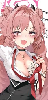 1girl 1other :d banknote between_breasts black_choker black_skirt blue_archive blush bow bowtie bracelet breasts character_print choker cleavage collared_shirt commentary demon_horns doodle_sensei_(blue_archive) double_bun earrings eyelashes fake_horns fang fingernails fluffy_hair gyaru hair_bun hair_intakes halo hand_up high-waist_skirt highres horns ikeq jewelry kirara_(blue_archive) kogal large_breasts long_fingernails long_hair looking_at_viewer money money_between_breasts nail_polish necklace open_clothes open_mouth open_shirt pink_eyes pink_hair pink_halo pink_nails recording red_bow red_bowtie ring selfie sensei_(blue_archive) shirt simple_background skin_fang skirt smile smug solo_focus sweatdrop tsurime upper_body v-shaped_eyebrows very_long_hair when_you_see_it white_background white_shirt