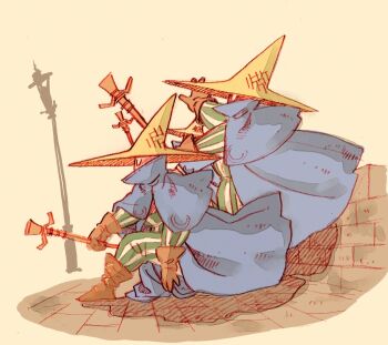 2others against_wall black_mage black_mage_(fft) black_mage_(final_fantasy) blue_cloak boots brown_boots brown_gloves cloak final_fantasy final_fantasy_tactics gloves hat holding holding_staff lamppost multiple_others polynyak_seduide simple_background staff striped_jumpsuit witch_hat