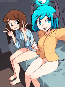 2girls bad_id bad_patreon_id barefoot black_eyes black_tail blue_eyes blue_hair blue_pubic_hair bottomless brown_hair brown_pubic_hair cassie_(tobias_wheller) colored_pubic_hair double_v earrings eyeball female_pubic_hair highres horns jewelry long_sleeves looking_at_viewer multiple_girls original pubic_hair sitting smile synn_(tobias_wheller) teeth tobias_wheller toes upper_teeth_only v