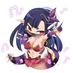 Rule 34 | 1girl, arm up, armpits, bikini, bikini top only, black hair, blunt bangs, bracer, breasts, character request, chest jewel, chibi, cleavage, commentary request, cube, fingernails, full body, gloves, gold, holding, holding microphone, hop step jumpers, lamia, large breasts, leaf, lets0020, long hair, looking at viewer, microphone, monster girl, mouth veil, music, musical note, navel, open mouth, pink gemstone, pointy ears, purple gloves, red bikini, red eyes, red skirt, sharp fingernails, short bangs, singing, skirt, slit pupils, smile, solo, stomach jewel, swimsuit, thick eyebrows, transparent background, veil