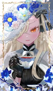 1girl asymmetrical_bangs black_gloves blush breasts capelet collared_shrug commentary_request cup detached_horns dress earrings fate/grand_order fate_(series) flower gloves hair_ribbon hat hat_flower highres holding holding_cup jewelry large_hat long_hair looking_at_viewer olga_marie_animusphere orange_eyes ribbon see-through_capelet see-through_clothes see-through_shrug shrug_(clothing) smile solo sun_hat sushi_173k tea teacup two-tone_dress u-olga_marie u-olga_marie_(first_ascension) very_long_hair white_capelet white_dress white_hair white_hat wide_brim