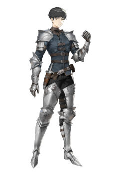 1boy 2bmm2 absurdres arm_armor armor armored_gloves belt black_hair black_pants clenched_hand closed_mouth collar commentary dagger english_commentary full_body grey_belt grey_collar grey_jacket hand_up highres jacket knife knight leg_armor looking_at_viewer male_focus multiple_belts original pants sabaton short_hair shoulder_armor simple_background solo standing weapon white_background yellow_eyes