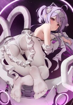 1girl absurdres ass bare_back bare_shoulders commentary_request detached_sleeves feet goddess_of_victory:_nikke highres legs liberalio_(nikke) looking_at_viewer looking_back no_shoes panties pantyhose purple_hair red_eyes shiriaru_(jjonaeng) soles underwear white_panties white_pantyhose