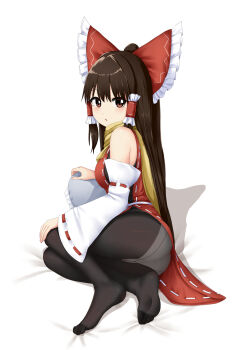1girl ascot black_pantyhose bow brown_eyes brown_hair commentary detached_sleeves doge_(jkdoge) frilled_bow frilled_hair_tubes frills hair_bow hair_tubes hakurei_reimu highres long_hair looking_at_viewer open_mouth panties panties_under_pantyhose pantyhose red_bow ribbon-trimmed_sleeves ribbon_trim scarf solo touhou underwear variant_set white_panties yellow_ascot yellow_scarf