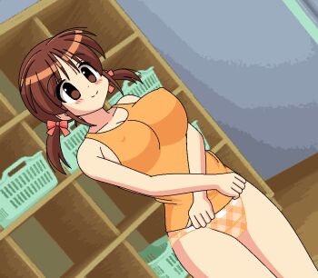 1girl animated animated_gif basket blush bouncing_breasts breasts brown_eyes brown_hair hair_ribbon indoors locker locker_room nipples no_bra nodoame57 orange_panties orange_shirt original panties pussy ribbon shirt smile surprised twintails underwear undressing