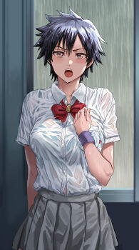 1girl arisawa_tatsuki asymmetrical_bangs black_hair bleach bow bowtie breast_pocket brown_eyes collared_shirt daraz grey_skirt hair_between_eyes hand_up highres indoors looking_at_viewer midriff_peek open_mouth pleated_skirt pocket rain red_bow red_bowtie school_uniform see-through_clothes see-through_shirt shirt shirt_tucked_in short_hair short_sleeves skirt solo teeth tomboy upper_teeth_only wet wet_clothes wet_hair wet_shirt white_shirt