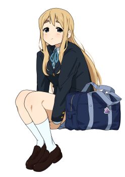 1girl absurdres bag black_jacket blonde_hair blue_eyes blue_ribbon brown_shoes commentary_request highres jacket k-on! kicchi_(tmgk) kotobuki_tsumugi long_hair looking_at_viewer ribbon sakuragaoka_high_school_uniform school_bag school_uniform shirt shoes short_eyebrows simple_background sitting smile socks solo white_background white_shirt white_socks