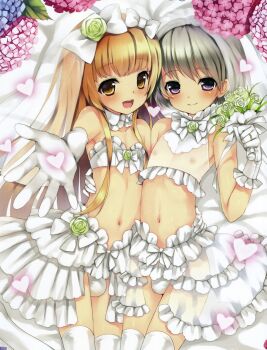 2boys blonde_hair bow bulge dress flower grey_hair hydrangea multiple_boys navel nemunemu_(candy_paddle) nipples panties shota source_request thighhighs trap underwear wedding_dress white_panties
