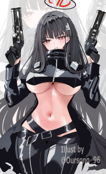 1girl beelstarmon beelstarmon_(cosplay) black_gloves black_hair blue_archive blush breasts cosplay digimon dual_wielding gloves grin gun hair_ornament hairclip halo highres holding jacket large_breasts leather leather_jacket long_hair long_sleeves looking_at_viewer navel oursong_(kiam_pis) red_eyes rio_(blue_archive) smile solo underboob weapon zoom_layer