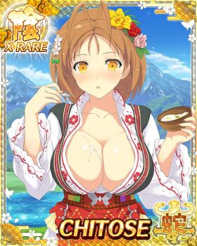 1girl :o blush bowl breasts brown_hair card_(medium) chitose_(senran_kagura) cleavage danish_clothes flower food food_on_body food_on_breasts game_cg hair_flower hair_ornament head_wreath holding holding_bowl holding_spoon large_breasts looking_at_viewer mountainous_horizon non-web_source official_alternate_costume official_art senran_kagura senran_kagura_new_wave short_hair solo spoon yellow_eyes
