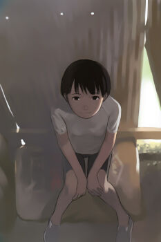 1girl absurdres black_eyes black_hair female_focus highres looking_up muted_color shade shed shirt short_hair sitting smile solo t-shirt takamichi
