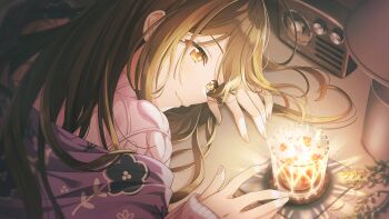 1girl brown_eyes brown_hair english_text floral_print game_cg highres idolmaster idolmaster_shiny_colors idolmaster_shiny_colors_song_for_prism kuwayama_chiyuki leaf official_art solo