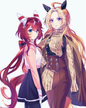 2girls absurdres ahoge animal_ears black_gloves black_leggings black_skirt blue_eyes breasts brown_coat brown_pants brown_vest camellia_(camel_mal) casual closed_mouth coat coat_on_shoulders ear_covers gloves green_eyes hair_between_eyes hair_ornament highres horse_ears horse_girl horse_tail jacket leggings leggings_under_skirt long_hair long_sleeves looking_at_viewer low_twintails multicolored_hair multiple_girls orange_hair orfevre_(casual)_(umamusume) orfevre_(umamusume) pants parted_lips pink_jacket pink_sleeves raglan_sleeves red_hair shirt simple_background skirt tail twintails two-tone_hair umamusume vest white_hair white_shirt win_variation_(casual)_(umamusume) win_variation_(umamusume)