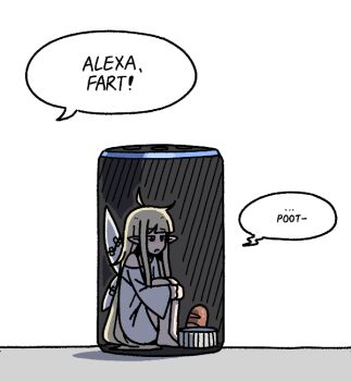 1girl alexa_(amazon) blonde_hair bread english_text fairy fairy_wings food karepack long_hair mini_person minigirl original simple_background white_background wings