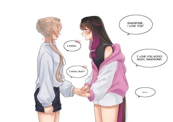 ... 2girls black_hair black_shirt black_shorts blonde_hair blush braid braided_base bun_with_braided_base calermine columbina_(genshin_impact) commentary couple cowboy_shot english_text from_side genshin_impact gradient_hair hair_bun highres holding_hands jacket jacket_partially_removed long_hair long_sidelocks long_sleeves looking_at_another looking_to_the_side multicolored_hair multiple_girls neck_blush open_mouth pink_jacket profile purple_hair sandrone_(genshin_impact) shirt short_shorts shorts sidelocks simple_background single_hair_bun sleeveless sleeveless_shirt smile speech_bubble spoken_blush spoken_ellipsis standing straight_hair sweater turning_head very_long_hair wavy_hair white_background white_shorts white_sleeves white_sweater yuri