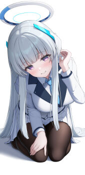 1girl black_pantyhose blue_archive blue_necktie blush breasts commentary grin halo hand_in_own_hair highres jacket kneeling large_breasts leaning_forward long_hair necktie noa_(blue_archive) pantyhose purple_eyes shirt sidelocks skirt smile solo topgear white_hair white_halo white_jacket white_shirt white_skirt