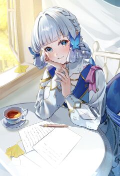 1girl absurdres artist_name ayaka_(genshin_impact) blue_butterfly blue_dress blue_eyes blue_hair blunt_tresses braid bug butterfly butterfly_hair_ornament chair collar commentary cup curtains dress earmuffs earmuffs_around_neck flower genshin_impact hair_flower hair_ornament hair_up highres indoors insect irobird kamisato_ayaka kamisato_ayaka_(springbloom_missive) long_sleeves looking_at_viewer mole mole_under_eye multicolored_dress neck_tassel official_alternate_costume official_alternate_hairstyle paper pen sitting smile solo symbol-only_commentary table tassel white_collar window
