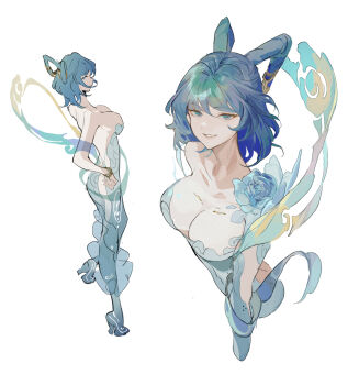 1girl blue_eyes blue_hair breasts cleavage commentary hagoromo hair_rings high_heels highres kaku_seiga large_breasts looking_at_viewer multiple_views reeh_(yukuri130) shawl short_hair simple_background solo touhou white_background