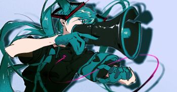 1girl absurdres aqua_eyes aqua_gloves aqua_hair aqua_necktie black_shirt collared_shirt film_grain floating_hair from_below gloves hair_between_eyes hair_ornament halftone hatsune_miku highres holding holding_megaphone long_hair maturimu66 megaphone necktie shadow shirt simple_background solo twintails upper_body vocaloid white_background wire