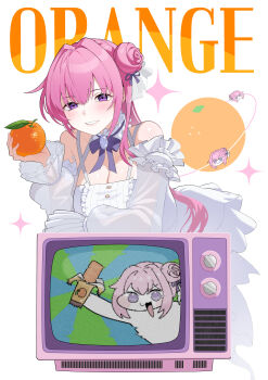1girl absurdres bow breasts cleavage doro_(nikke) doro_orange_story_(nikke) dorothy_(nikke) dress english_text food fruit goddess_of_victory:_nikke hair_between_eyes hair_bun hair_intakes highres holding holding_food holding_fruit large_breasts leaning_forward long_hair long_sleeves looking_at_viewer orange_(fruit) parted_lips pink_hair purple_bow purple_eyes smile solo television wge white_background white_dress