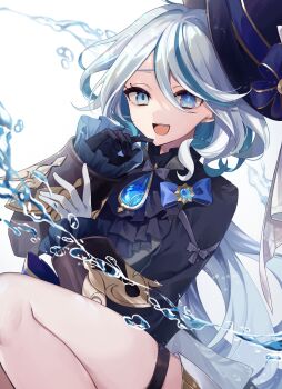1girl absurdres ascot asymmetrical_gloves black_gloves blue_ascot blue_eyes blue_gem blue_hair blue_hat blue_jacket blue_pupils colored_inner_hair commentary_request drop-shaped_pupils finger_to_own_chin frilled_sleeves frills furina_(genshin_impact) gem genshin_impact gloves hair_between_eyes hand_up hat heterochromia highres jacket long_hair long_sleeves looking_at_viewer mismatched_gloves mismatched_pupils multicolored_hair open_mouth ougi_(u_to4410) smile solo streaked_hair symbol-shaped_pupils thigh_strap water white_background white_gloves white_hair