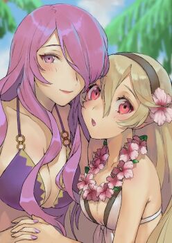 2girls beach bikini blush breasts camilla_(fire_emblem) camilla_(tropical_beauty)_(fire_emblem) cleavage dragon_girl female_corrin_(fire_emblem) female_corrin_(novice_vacationer)_(fire_emblem) fire_emblem fire_emblem_fates fire_emblem_heroes flower flower_necklace hair_flower hair_ornament hair_over_one_eye hairband holding_hands jewelry large_breasts lei multiple_girls necklace nintendo official_alternate_costume one_eye_covered outdoors palm_tree pointy_ears purple_eyes purple_hair red_eyes swimsuit tree u7yrfedrjpe1cvb white_hair