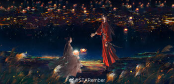 2boys belt black_boots black_hair boots bracelet brown_hair chinese_clothes couple dark e-ming_scimitar eyepatch flower from_side grass hair_bun hanfu highres holding holding_lantern hua_cheng jewelry lantern lantern_on_liquid light_particles long_hair long_sleeves looking_at_another male_focus mandarin_collar multiple_boys necklace night night_sky outstretched_arm paper_lantern pink_flower pointy_ears profile red_hanfu robe scimitar sheath sheathed silver_belt silver_bracelet silver_necklace single_hair_bun sitting sky standing starember sword tianguan_cifu water watermark weapon weibo_watermark white_hanfu wide_sleeves xie_lian yaoi yuanlingpao
