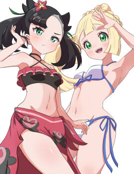 2girls :d absurdres alternate_costume arm_up armpits asymmetrical_bangs bikini black_choker black_hair blonde_hair blush breasts choker closed_mouth commentary commentary_request eyelashes flower frills from_below green_eyes hair_flower hair_ornament happy hibiscus highres lillie_(pokemon) long_hair looking_at_viewer marnie_(pokemon) marnie_(summer_2021)_(pokemon) multiple_girls navel nintendo open_mouth pokemon pokemon_masters_ex pokemon_sm ponytail red_flower red_sarong rono_(lethys) sarong side-tie_bikini_bottom simple_background small_breasts smile swimsuit teeth tongue twintails undercut upper_teeth_only white_background white_bikini