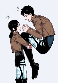 1boy 1girl bertolt_hoover black_boots black_hair boots brown_jacket cropped_jacket flying_sweatdrops freckles frown grey_background hetero highres icelandcrow jacket light_blush looking_at_another low_ponytail medium_hair pants parted_bangs ponytail shingeki_no_kyojin short_hair smirk sweatdrop tears three-dimensional_maneuver_gear white_pants ymir_(shingeki_no_kyojin)
