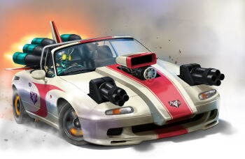 1boy antennae aquakurow blue_helmet bug car commentary_request cyborg driving engine eunos_roadster gatling_gun grasshopper helmet highres insect kamen_rider kamen_rider_3 kamen_rider_drive_(series) mask mazda_mx-5 mazda_mx-5_na minigun motor_vehicle solo super_hero_taisen_gp:_kamen_rider_3 tokusatsu yellow_eyes