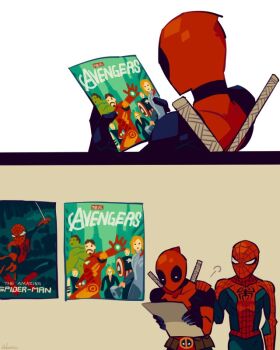 2boys avengers_(series) deadpool edarow hand_on_another&#039;s_shoulder holding holding_paper male_focus marvel movie_poster multiple_boys paper spider-man spider-man_(series) superhero_costume the_amazing_spider-man weapon weapon_on_back