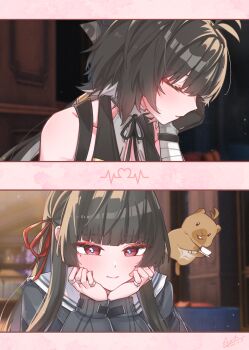 2girls bare_shoulders black_bow black_hair blunt_bangs bow chisa_(wuthering_waves) closed_eyes closed_mouth commentary_request female_rover_(wuthering_waves) hair_bow hair_ribbon head_rest highres indoors long_hair looking_at_viewer low_ponytail mole mole_under_eye multiple_girls namipon_(wuthering_waves) parted_lips ponytail red_eyes red_ribbon ribbon rover_(wuthering_waves) sailor_collar starblame white_sailor_collar wuthering_waves