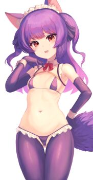 .live 1girl alternate_costume animal_ears bikini blush breasts collarbone denchi_more_power detached_sleeves fang gloves highres looking_at_viewer maid_headdress micro_bikini navel open_mouth red_eyes rurun_rururica simple_background small_breasts swimsuit tail thighhighs virtual_youtuber white_background wolf_ears wolf_tail