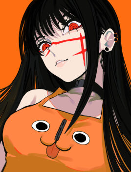 1girl aegyo_sal black_choker black_hair chainsaw_man character_print choker cross_scar ear_piercing earrings facial_scar highres jewelry long_hair looking_at_viewer orange_background orange_tank_top parted_lips piercing red_eyes ringed_eyes sailen0 scar scar_on_cheek scar_on_face simple_background smile solo stud_earrings tank_top yoru_(chainsaw_man)
