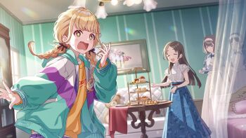 4girls apron beckoning bed bed_sheet bedroom black_hair blanket blonde_hair blue_dress blue_skirt blunt_ends blush book bookshelf braid breasts brown_hair buttons cake ceiling chandelier closed_eyes clothes_writing collared_dress couch cup curled_fingers curtains dress facing_another fang fingernails flat_chest floral_print floral_print_skirt food fujita_kotone furrowed_brow gakuen_idolmaster game_cg green_jacket hair_bun hair_ribbon hair_tie hairband hand_up hanging_light high-waist_skirt highres hiwatari_kanae holding holding_tray hood hood_down hooded_jacket idolmaster indoors jacket juliet_sleeves kuramoto_china lens_flare light_rays long_hair long_skirt long_sleeves looking_at_viewer looking_to_the_side low-tied_long_hair low_twin_braids maid maid_apron multicolored_jacket multiple_girls official_art open_clothes open_jacket open_mouth own_hands_together painting_(object) parted_bangs picture_frame pillow plaid_clothes plaid_skirt plate pleated_apron print_skirt puffy_sleeves purple_jacket purple_ribbon purple_skirt ribbon round_table see-through_curtains shirt shirt_tucked_in short_hair short_sleeves sidelocks single_hair_bun skin_fang skirt sleeve_cuffs small_breasts smile standing stuffed_animal stuffed_toy sunbeam sunlight surprised sweatdrop symbol-shaped_pupils table tablecloth teacup teapot teddy_bear teeth third-party_source tiered_tray translated tray turning_head twin_braids upper_teeth_only v-shaped_eyebrows wallpaper_(object) watch white_apron white_hairband white_jacket white_shirt window wristwatch yellow_eyes yellow_shirt yen_sign zipper