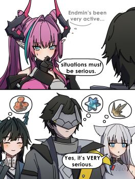 1boy 3girls absurdres animal_ears arknights arknights:_endfield bare_shoulders black_gloves black_hair black_jacket blue_eyes blue_jacket blush chen_qianyu_(arknights) closed_eyes closed_mouth coat commentary crystal dorahdew dragon_horns dress endministrator_(arknights) english_commentary english_text eye_mask gloves grey_coat grey_dress grey_hair high_collar highres horns jacket long_hair long_sleeves male_endministrator_(arknights) mask multicolored_hair multiple_girls mushroom open_mouth perlica_(arknights) pink_hair puffy_sleeves short_hair speech_bubble streaked_hair sweatdrop twintails very_long_hair white_background yvonne_(arknights)