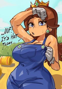 Rule 34 | blue eyes, breasts, brown hair, commentary, crown, earrings, flower earrings, jewelry, large breasts, mario (series), moxydraws, nintendo, no bra, overalls, princess, princess daisy