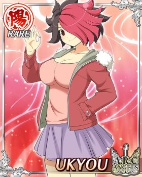 1girl black_hair border breasts card_(medium) character_name cleavage closed_mouth english_text game_cg hair_over_one_eye hand_in_pocket hood hoodie large_breasts multicolored_hair official_art ok_sign pink_shirt purple_skirt red_eyes red_hair red_hoodie senran_kagura senran_kagura_new_wave shirt short_hair skirt smile solo two-tone_hair ukyou_(senran_kagura)