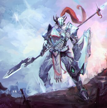 1boy absurdres battlefield cloud cloudy_sky highres holding holding_shield holding_weapon knight loincloth original shield sky standing vivelia weapon