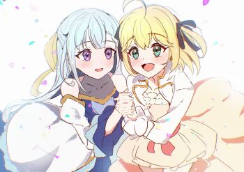 2girls absurdres ahoge anisphia_wynn_palettia aotama_kima aqua_eyes black_ribbon blonde_hair blue_dress blue_hair blush chromatic_aberration commentary_request confetti dress euphyllia_magenta hair_ribbon highres holding_hands interlocked_fingers jacket long_hair looking_at_another medium_hair multiple_girls open_mouth purple_eyes ribbon simple_background smile tensei_oujo_to_tensai_reijou_no_mahou_kakumei white_background white_jacket yellow_dress yellow_ribbon yuri