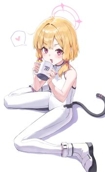1girl blonde_hair blue_archive cat_tail cup dawon halo looking_at_viewer looking_back momoi_(battlesuit)_(blue_archive) momoi_(blue_archive) pink_eyes pink_halo shoes solo tail white_background white_shoes