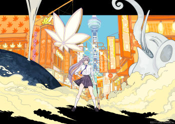 Rule 34 | 1girl, baseball bat, black shoes, black skirt, bow, building, collared shirt, elephant, grey bow, grey hair, hair bow, hand on own hip, highres, higuchi kaede, long hair, long sleeves, mole, mole under eye, necktie, nijisanji, plaid clothes, plaid skirt, pleated skirt, ponytail, purple necktie, shirt, shirt tucked in, shoes, skirt, socks, solo, standing, tanaka hirotaka, very long hair, virtual youtuber, white shirt, white socks, wide shot