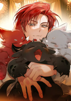 1boy animal animal_hug blush brown_eyes cale_henituse cat closed_eyes closed_mouth commentary_request demon dragon grey_eyes highres holding hong_(lout_of_count&#039;s_family) horns hug indoors korean_commentary long_sleeves lout_of_count&#039;s_family male_focus official_art ohn_(lout_of_count&#039;s_family) open_mouth panza raon_miru red_hair short_hair smile smirk sweatdrop upper_body