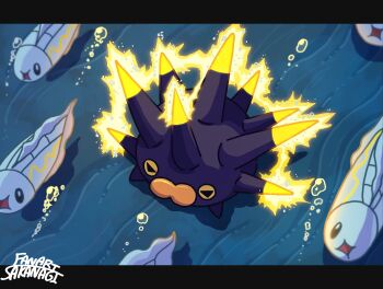 absurdres air_bubble animal_focus black_skin bubble colored_skin eel electricity fish gen_5_pokemon gen_8_pokemon highres nintendo no_humans open_mouth pincurchin pokemon pokemon_(creature) pokemon_focus sakanagi_(a_r_co) sea_urchin spikes swimming symbol-shaped_pupils triangle-shaped_pupils tynamo underwater water yellow_eyes