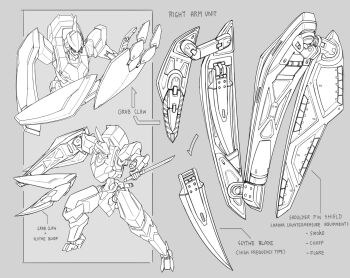absurdres armor reference_sheet claws commentary dynamic_pose english_commentary english_text fighting_stance grappling_hook highres holding holding_sword holding_weapon mecha mecha_focus no_humans original reverse_grip robot science_fiction scythe sheath shield short_sword shoulder_armor sword tantou weapon zen_(jirakun)