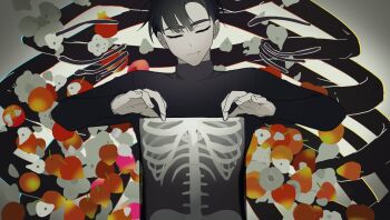 1boy alien_stage black_hair black_shirt chinese_lantern_(plant) closed_eyes closed_mouth commentary english_commentary fang fang_out highres ivan_(alien_stage) kuradrawings long_sleeves male_focus otome_kaibou_(vocaloid) shirt short_hair skeleton solo turtleneck turtleneck_shirt very_short_hair x-ray x-ray_film