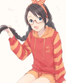 1girl black_hair blue_eyes braid commentary_request hair_ribbon highres holding holding_own_hair hood hoodie idolmaster idolmaster_shiny_colors mitsumine_yuika open_mouth orange_shorts pachiko print_hoodie ribbon semi-rimless_eyewear shorts shrimp_print sitting smile solo striped_clothes striped_hoodie thighs translated twin_braids under-rim_eyewear