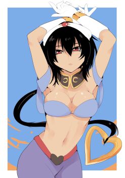 Rule 34 | 1girl, armpits, arms up, black hair, blue background, breasts, collar, cosplay, drawfag, gloves, hair between eyes, hair ornament, heart, heart hair ornament, highres, jewelry, long hair, medium breasts, midriff, mystere (synduality), navel, power stone, red eyes, rice grg, rouge (power stone), rouge (power stone) (cosplay), solo, synduality, synduality noir, white gloves